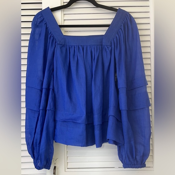Banana Republic Semi-Sheer Square Neck Ramie Blouse Balloon Sleeves in Blue XS - Picture 4 of 13